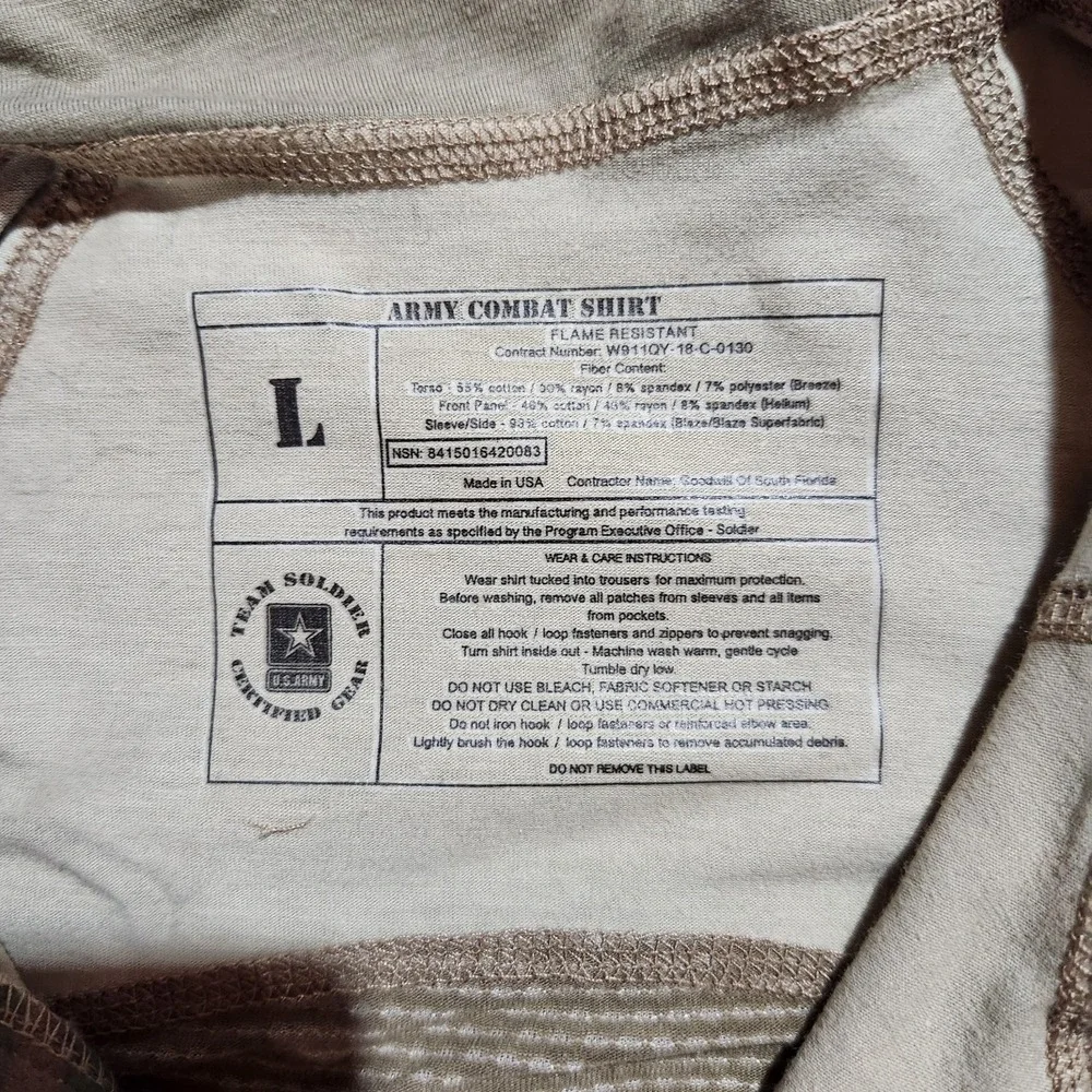 Nnee USGI Army Combat Shirt Large Scorpion OCP W2 1/4 Zipper Flame Resistant ACS